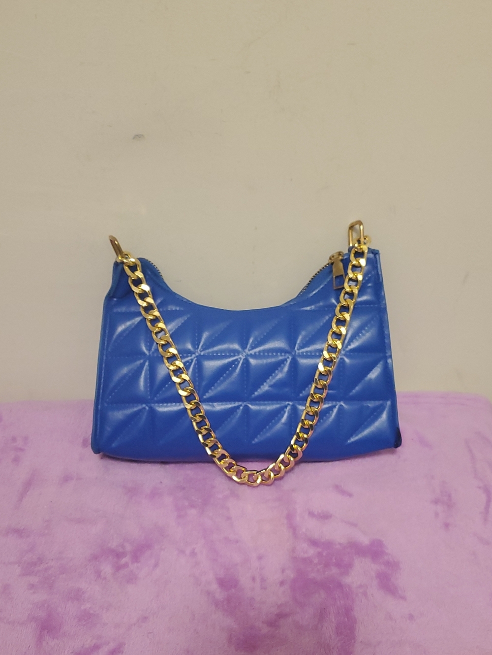 Pretty Angel Quilted Blue Shoulder Bag with Gold Chain